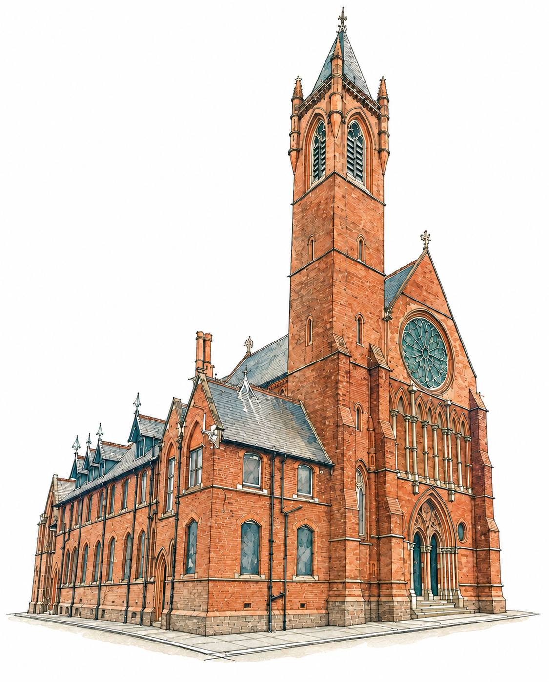 Illustration of St Benedict’s church, with its red-brick tower and rose window